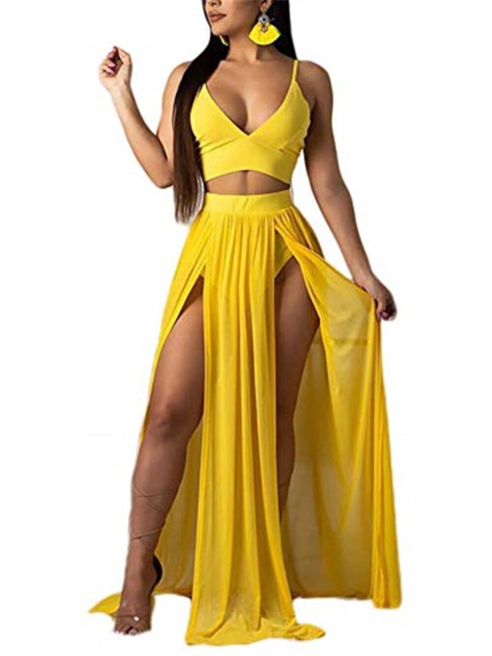 Chiffon Two Piece Skirt Set Off Shoulder Crop Top Slit Maxi Dress Outfit